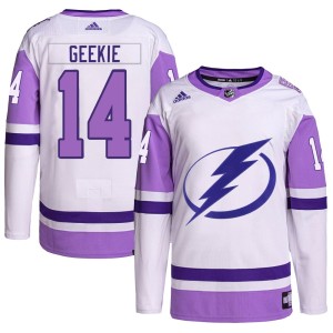 Conor Geekie Men's Adidas Tampa Bay Lightning Authentic White/Purple Hockey Fights Cancer Primegreen 2022 Stanley Cup Final Jers